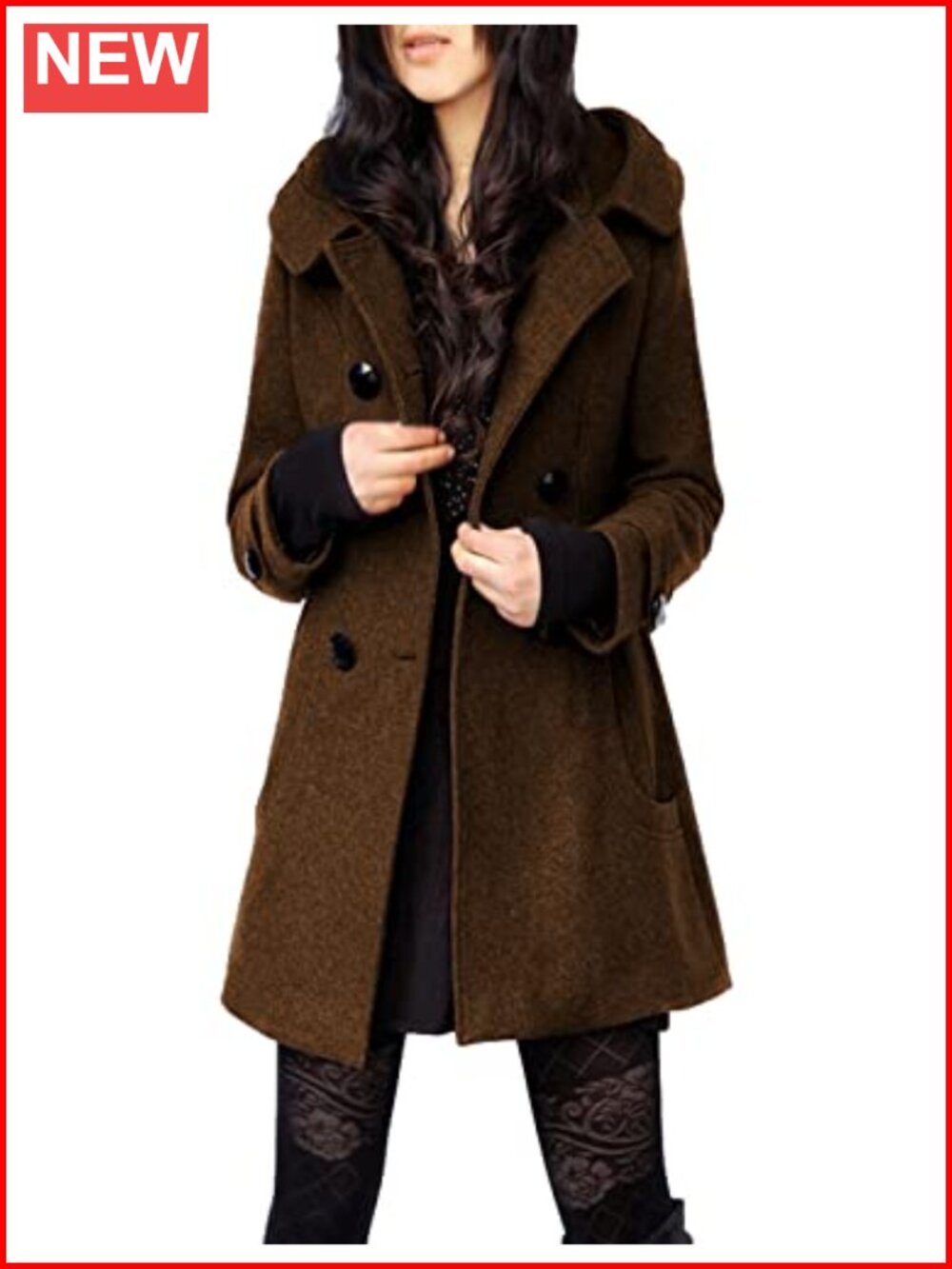 Women's Wool Blend Hooded Mid Long Peacoat Double Breasted Coat